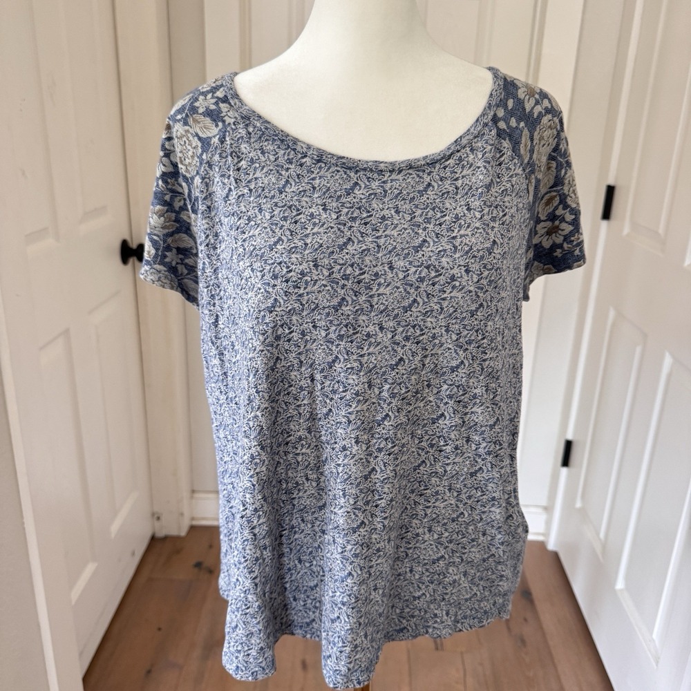 Lucky Brand Boho Top Short Sleeve Lightweight Cotton Modal Blue Floral Sz Med
